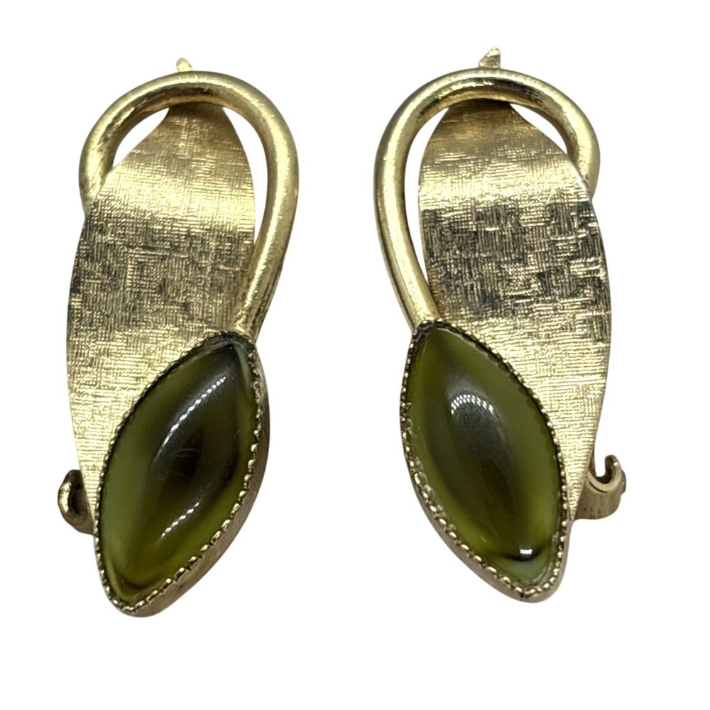 Vtg Whiting &‎ Davis Moss Green Givre Navette Gold Tone Leaf Clip Earrings 60s